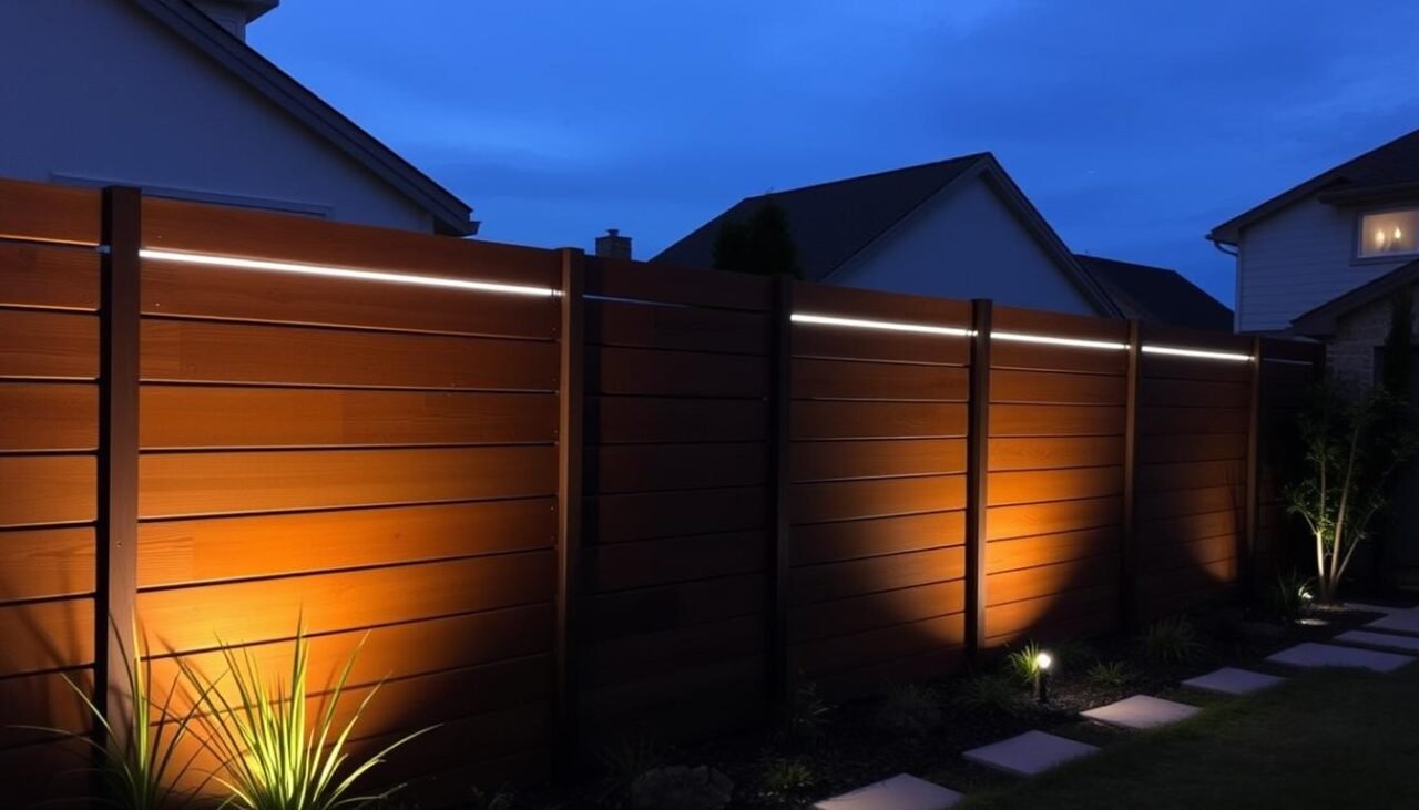Solar-powered fence lighting integrated into a modern fence design for 2025